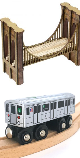 Wood 6 subway train and Brooklyn Bridge